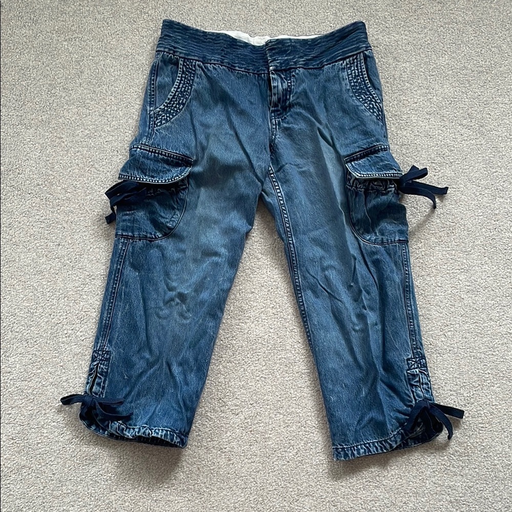 Vintage GAP Blue Cropped Jeans Cargo Pants Style with Pockets and Ties